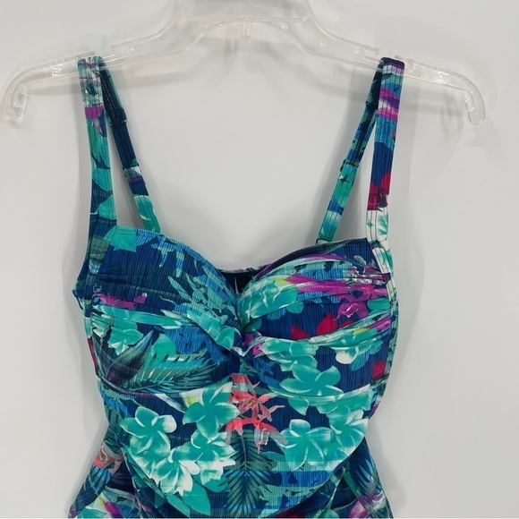 Bond-Eye Australia Size 10 Blue Green Tropical Floral Tankini Top Ruched Lined - Picture 4 of 8